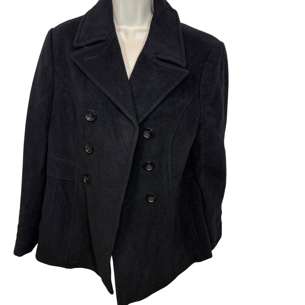 St Johns Bay Womens Black Wool Cashmere Blend‎ Double Breasted Pea Coat Large